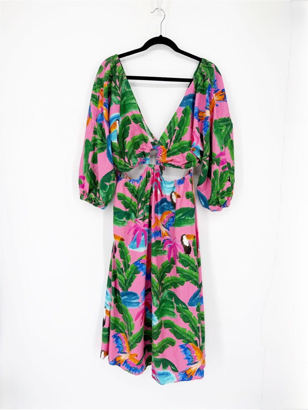Farm Rio x Anthropologie V-Neck Cutout Dress Color Tropical Toucan Large - Picture 4 of 10